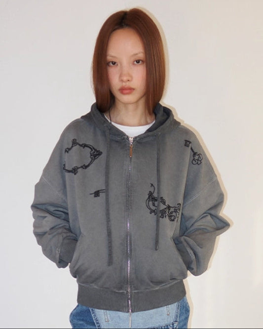 WASHED STUDDED DOUBLE ZIP HOODIE