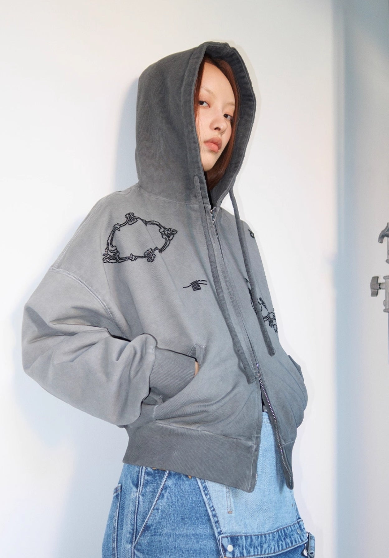 WASHED STUDDED DOUBLE ZIP HOODIE