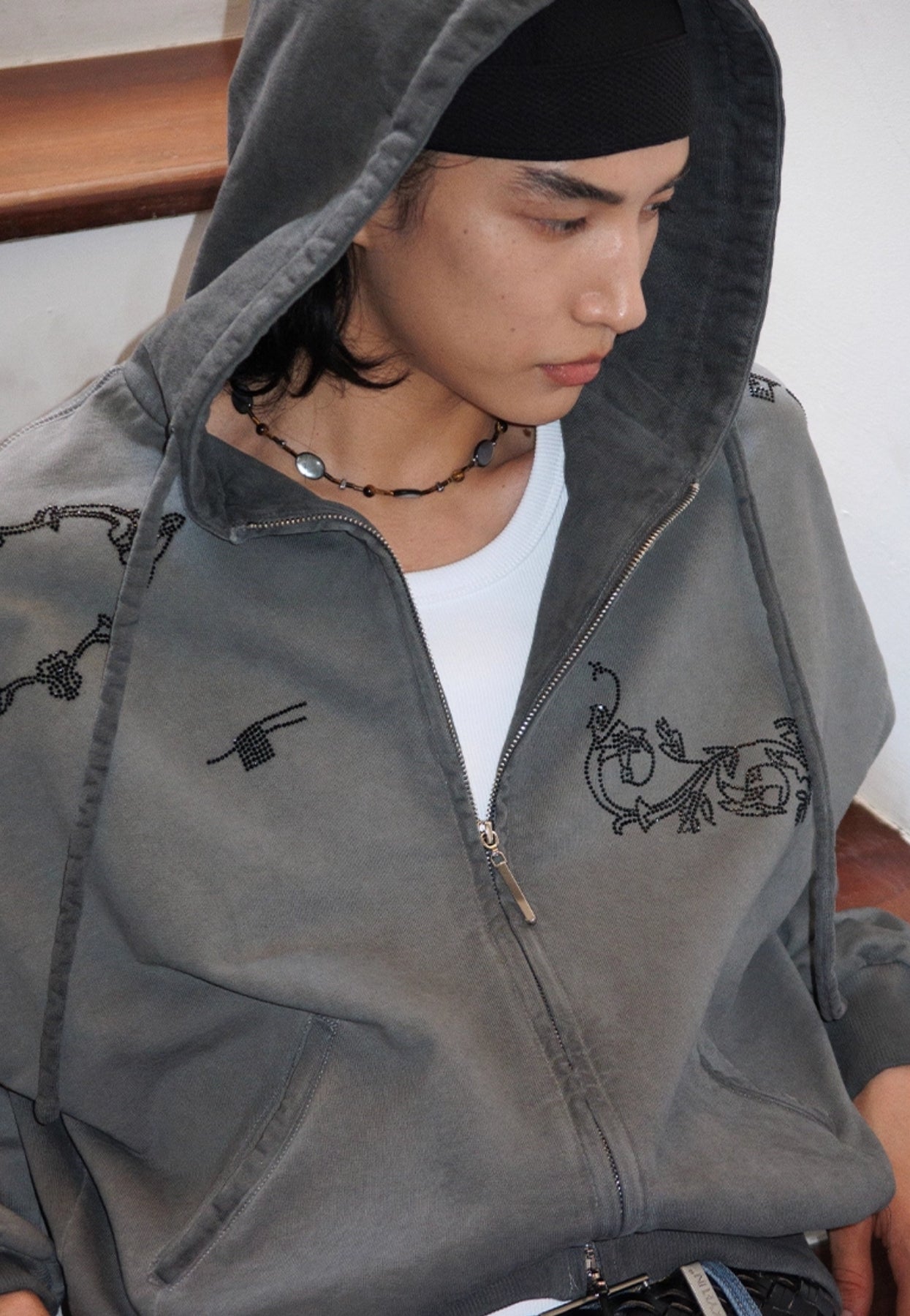 WASHED STUDDED DOUBLE ZIP HOODIE