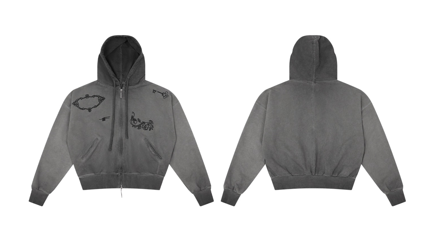 WASHED STUDDED DOUBLE ZIP HOODIE