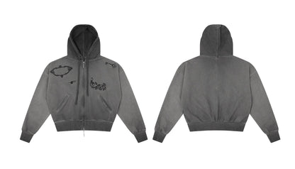 WASHED STUDDED DOUBLE ZIP HOODIE