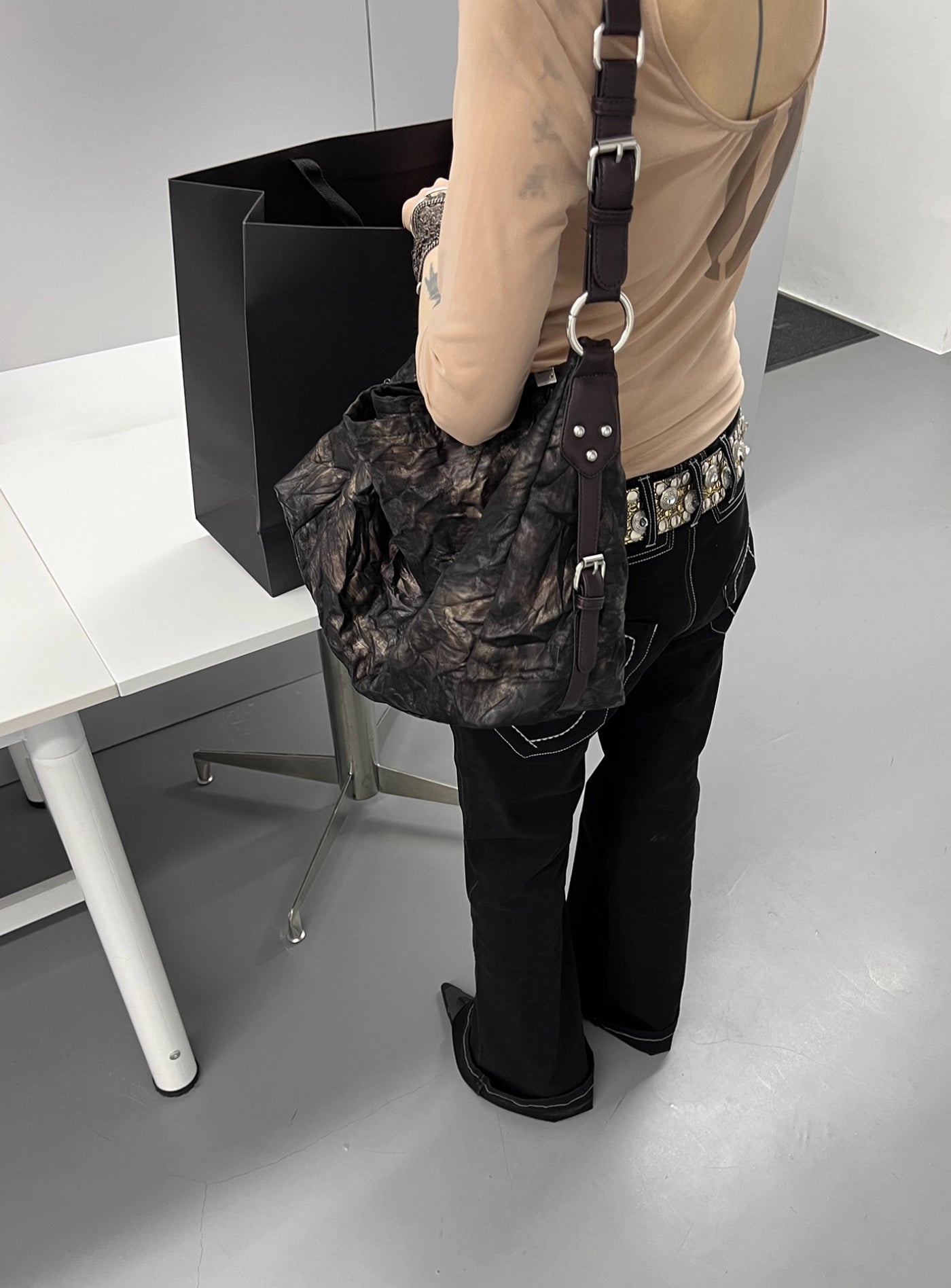 PLEATED MICROFIBER GRUNGE SHOULDER BAG