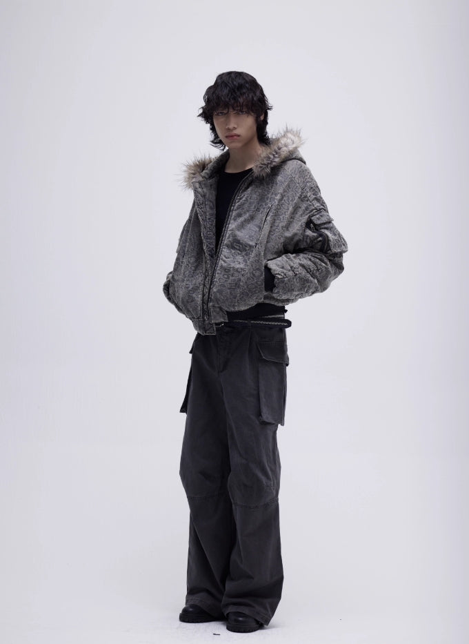 LEOPARD FUR COLLAR BOMBER JACKET