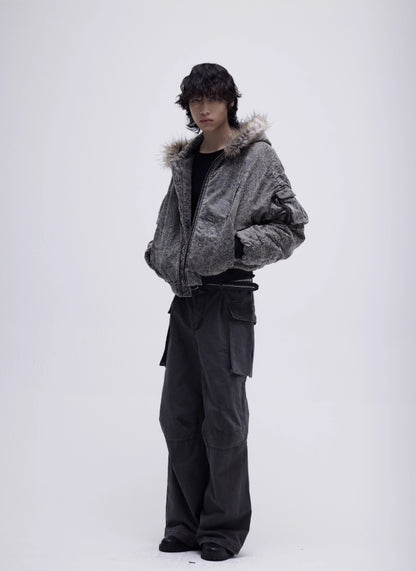 LEOPARD FUR COLLAR BOMBER JACKET