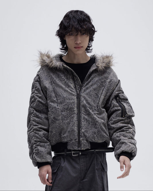 LEOPARD FUR COLLAR BOMBER JACKET