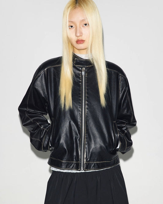 CURVED SHOULDER PADDED LEATHER JACKET