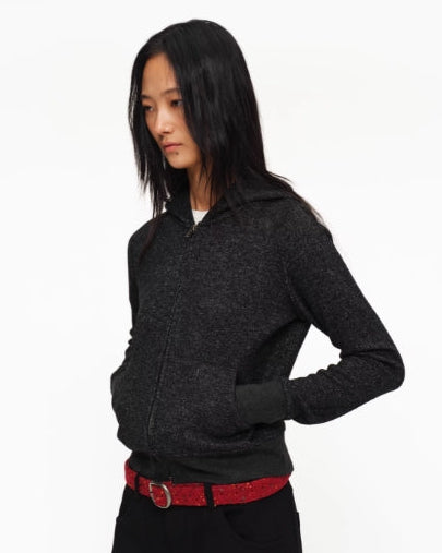 BLACK LINEN TEXTURE ZIP HOODIE