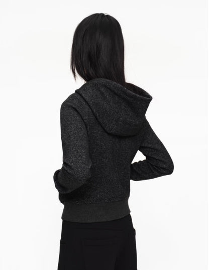 BLACK LINEN TEXTURE ZIP HOODIE
