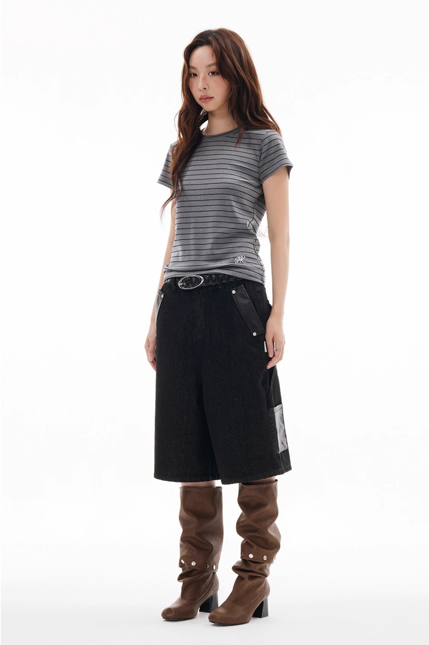 LEATHER MIX LOOSE DENIM