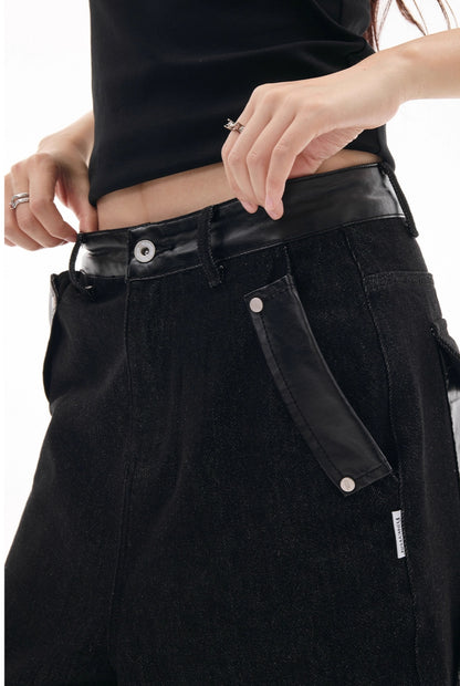 LEATHER MIX LOOSE DENIM