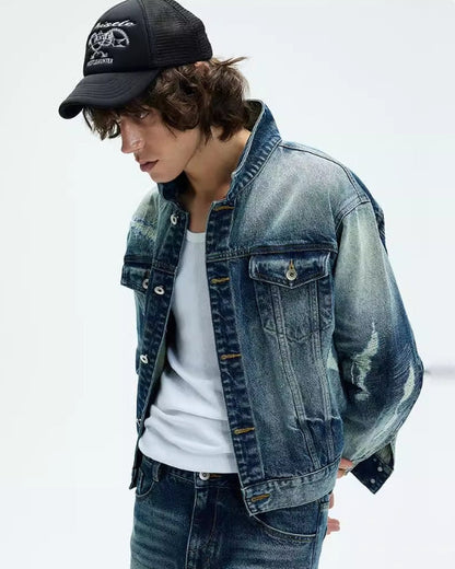 HEAVY WASH DISTRESSED DENIM JACKET
