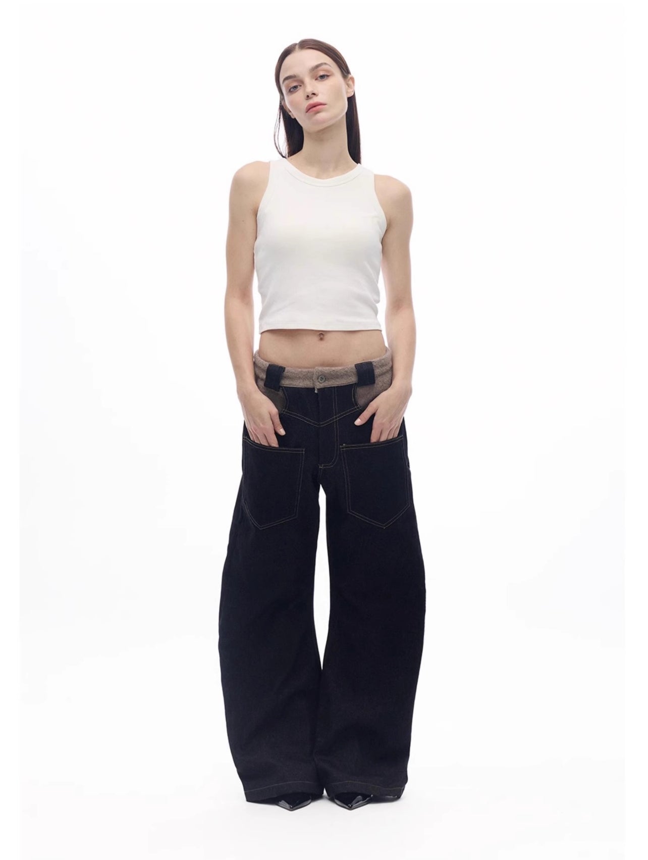SCARF PATCHWORK CURVED COW DENIM JEANS