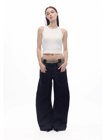 SCARF PATCHWORK CURVED COW DENIM JEANS