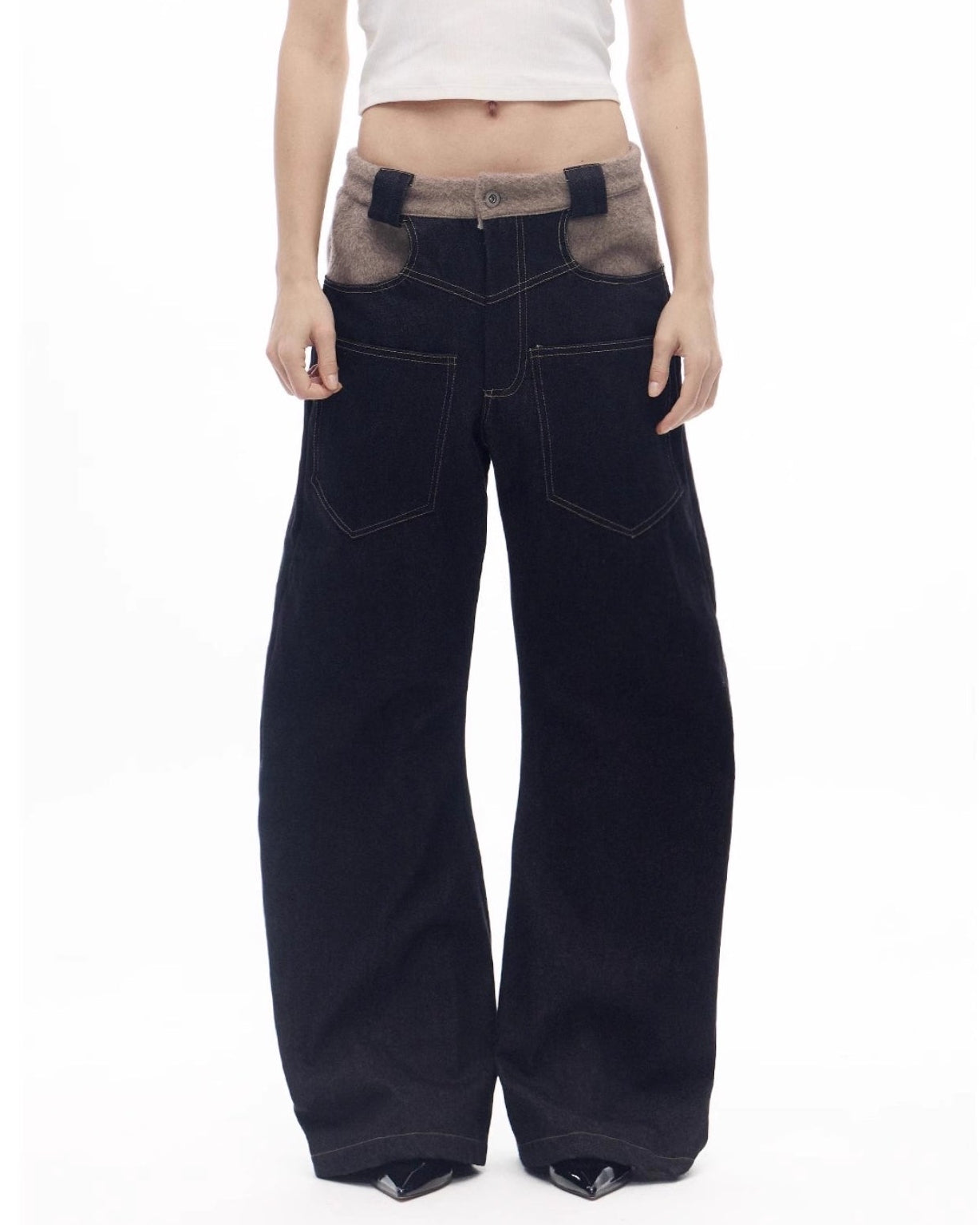 SCARF PATCHWORK CURVED COW DENIM JEANS