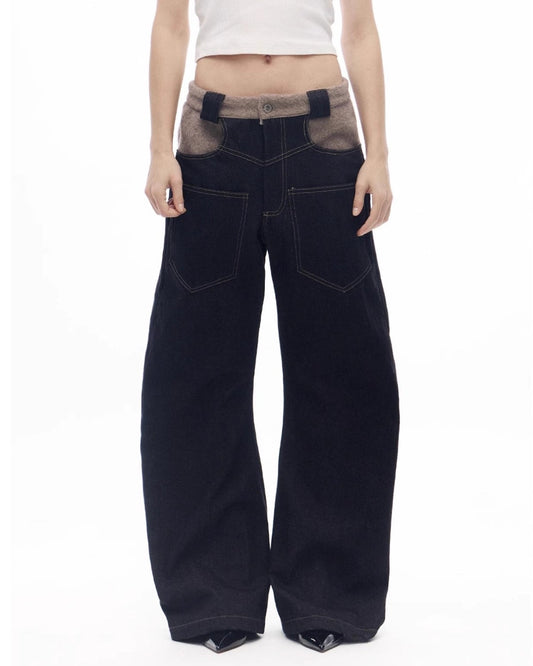 SCARF PATCHWORK CURVED COW DENIM JEANS