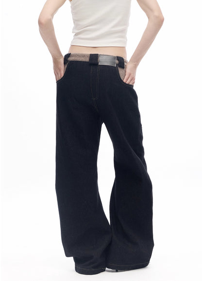 SCARF PATCHWORK CURVED COW DENIM JEANS