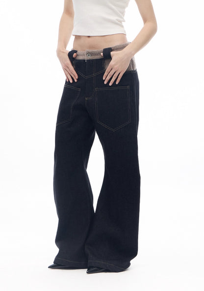 SCARF PATCHWORK CURVED COW DENIM JEANS