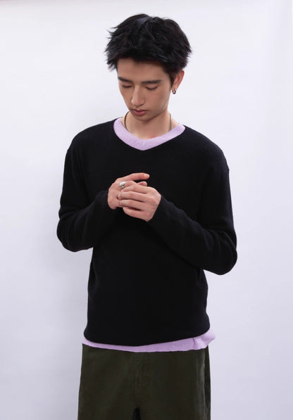 SOLID COLOR KNIT V-NECK SWEATER