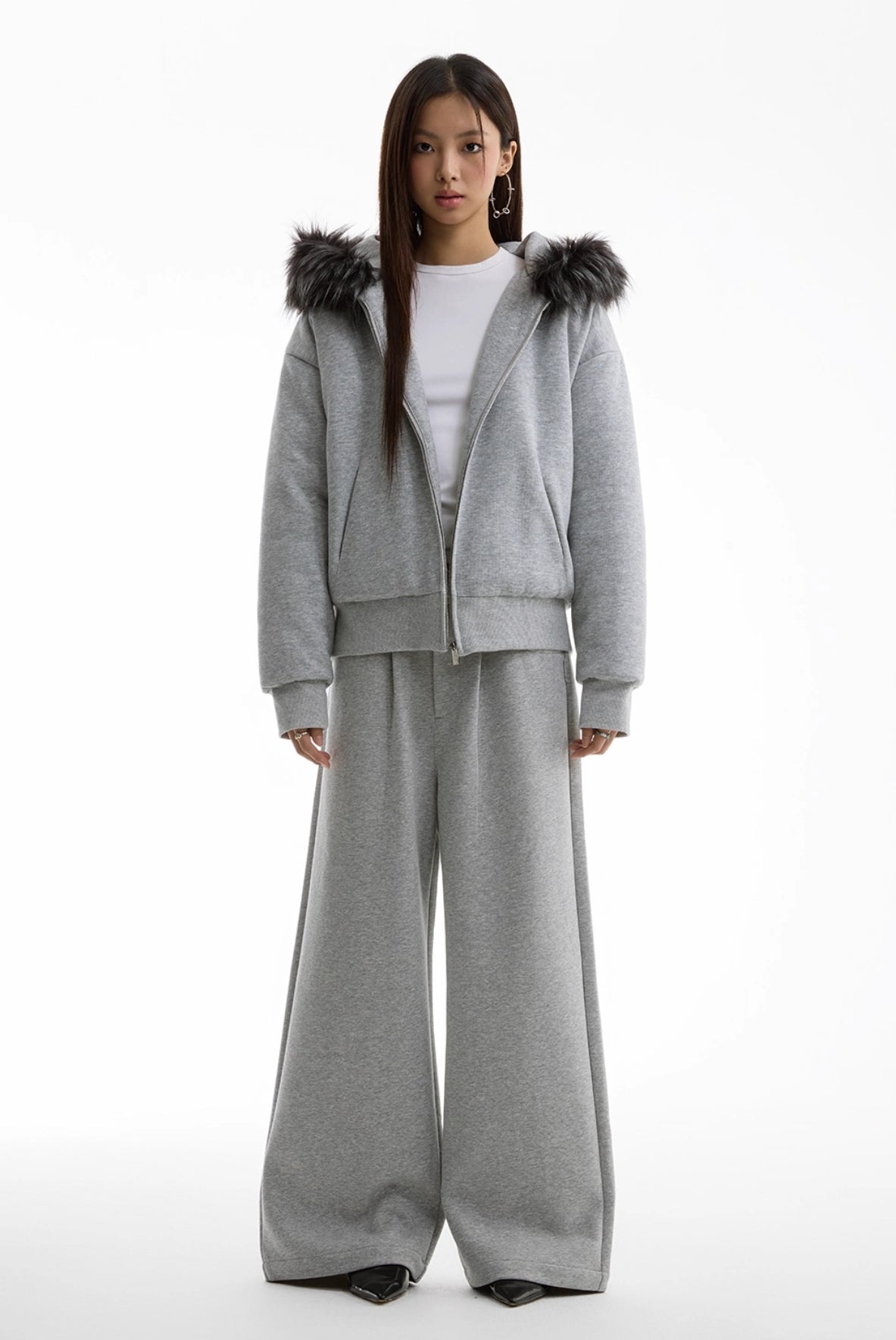 GRAY FUR COLLAR JACKET