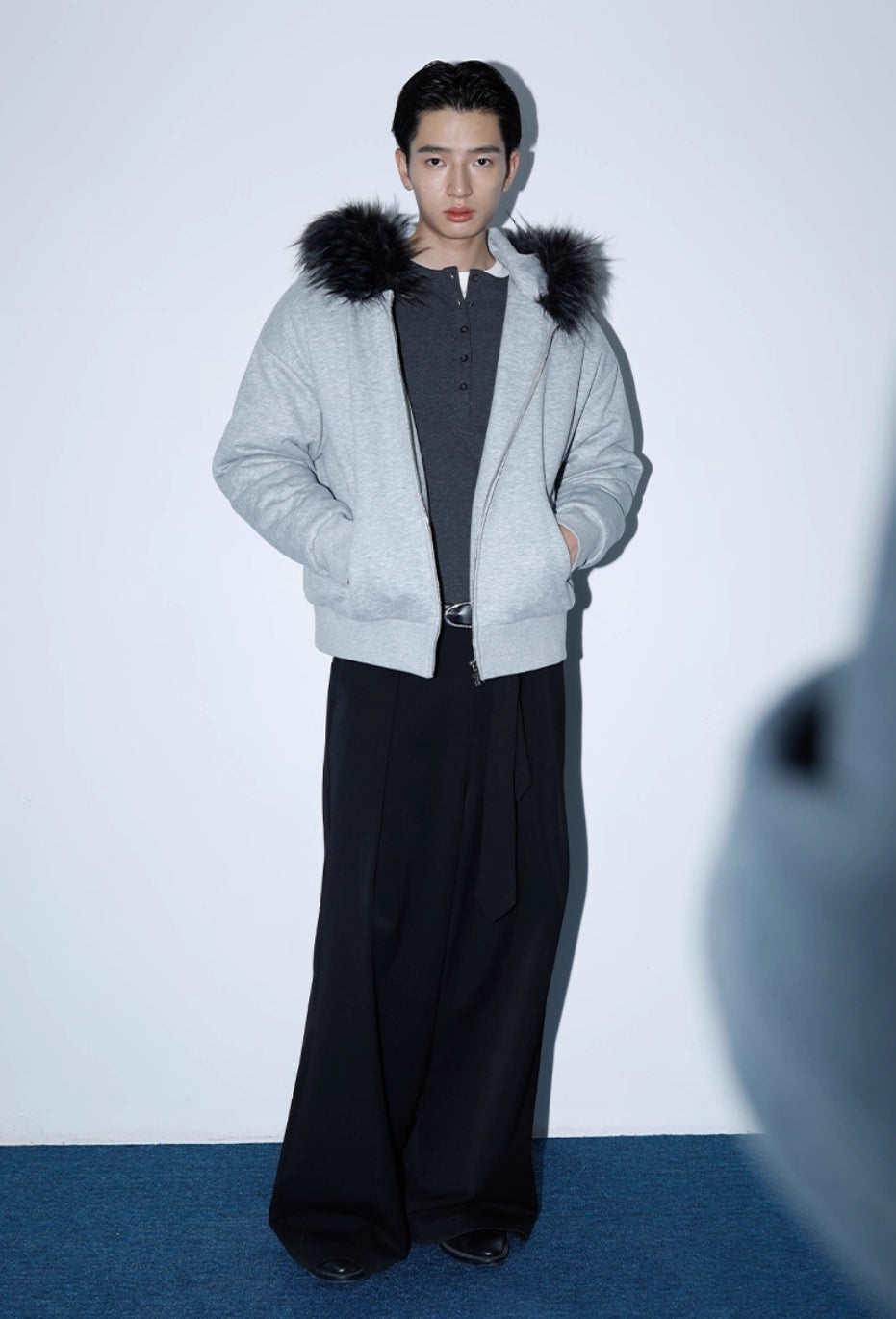 GRAY FUR COLLAR JACKET
