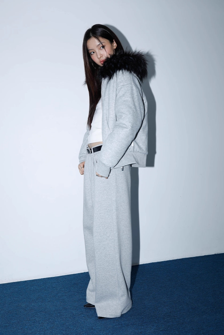 GRAY FUR COLLAR JACKET