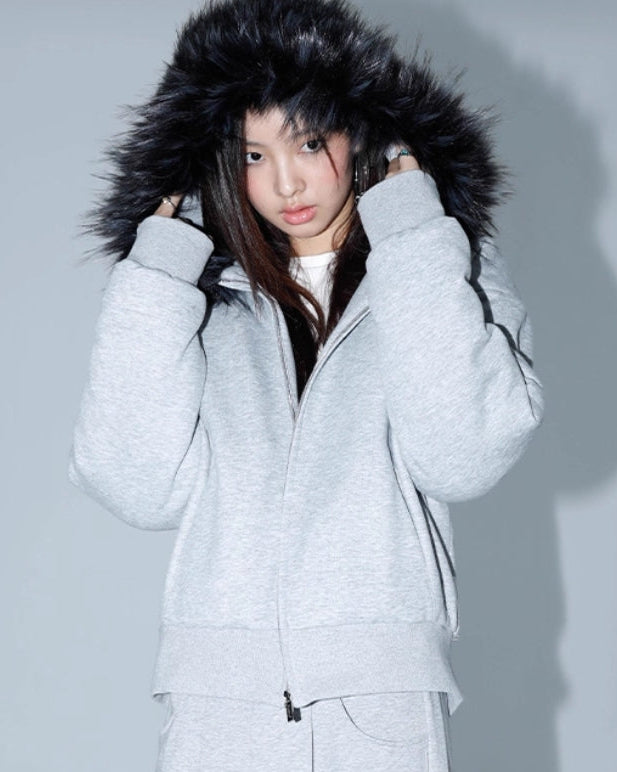 GRAY FUR COLLAR JACKET