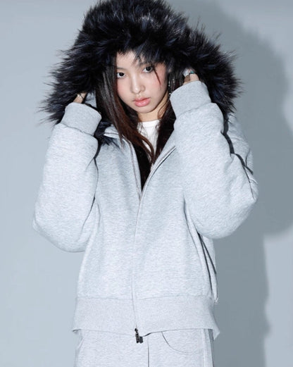 GRAY FUR COLLAR JACKET