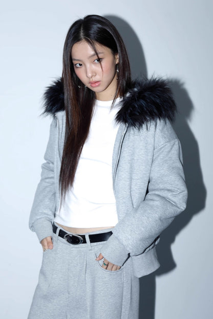 GRAY FUR COLLAR JACKET