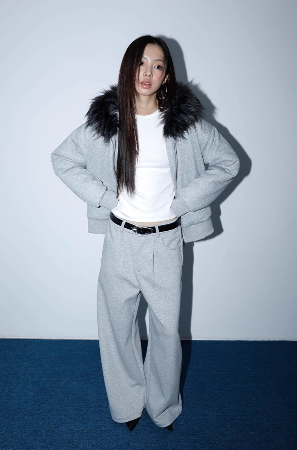 GRAY FUR COLLAR JACKET