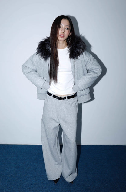 GRAY FUR COLLAR JACKET