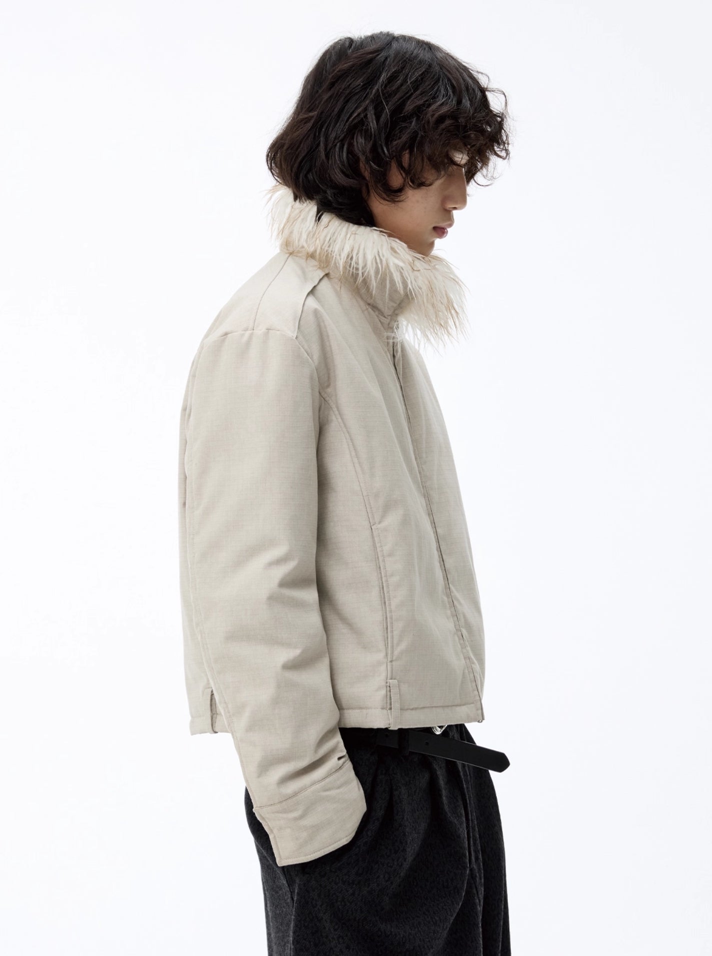 DETACHABLE FUR COLLAR DISTRESSED JACKET