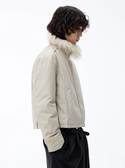 DETACHABLE FUR COLLAR DISTRESSED JACKET