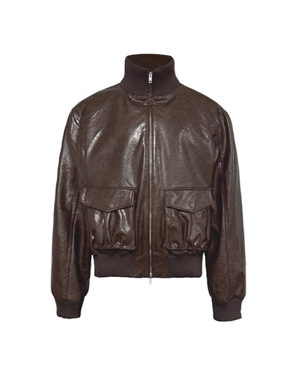 SMOCKED HEM OILED LEATHER JACKET