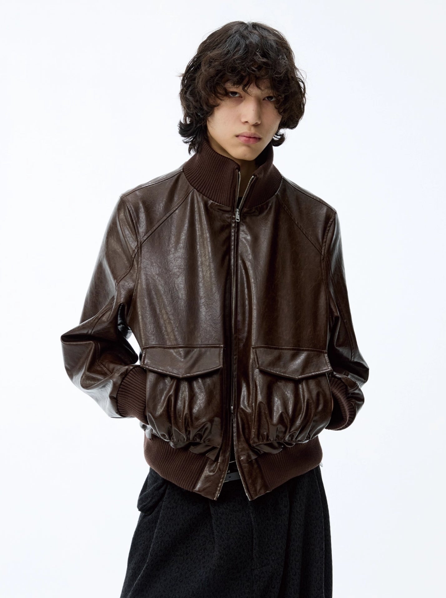 SMOCKED HEM OILED LEATHER JACKET