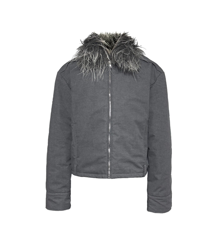 DETACHABLE FUR COLLAR DISTRESSED JACKET