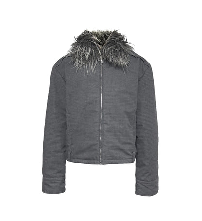 DETACHABLE FUR COLLAR DISTRESSED JACKET