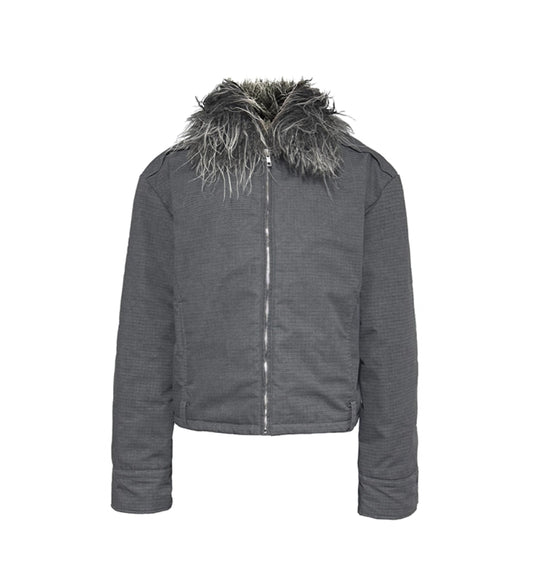 DETACHABLE FUR COLLAR DISTRESSED JACKET