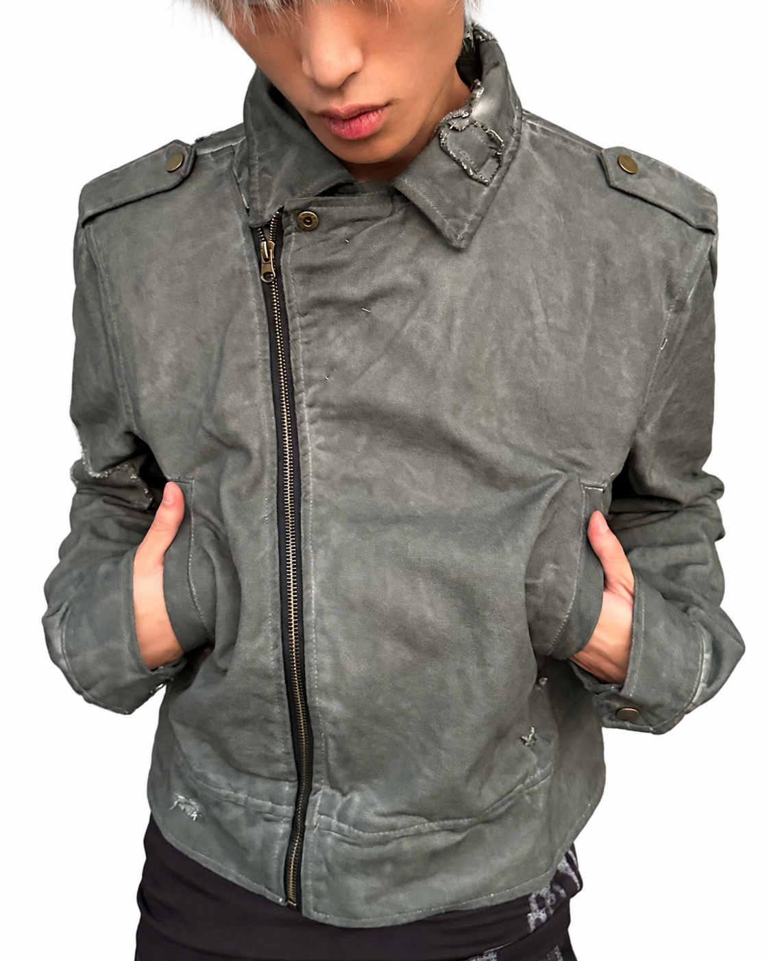 ASH DYED BADGE BIKER JACKET