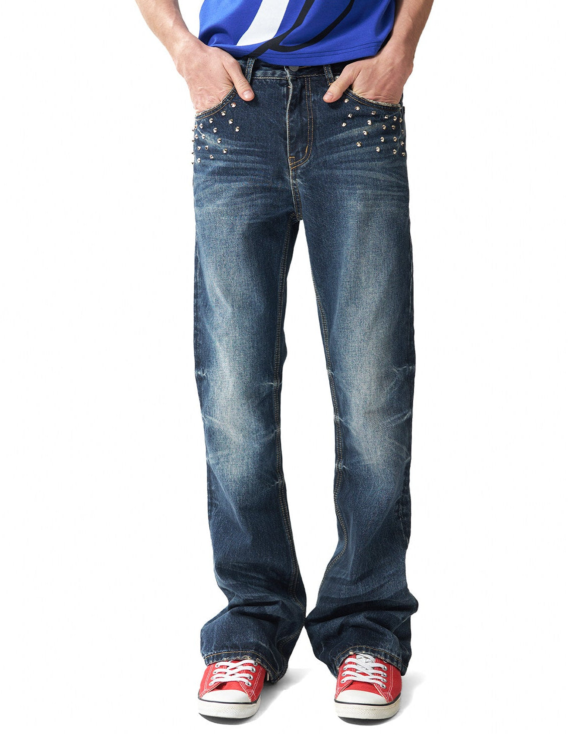 SPIKED NAIL WASHED BOOTCUT JEANS