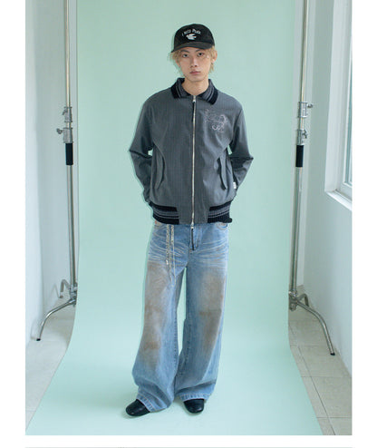 TEXTURED PINSTRIPE DOUBLE ZIP LAPEL CARDIGAN