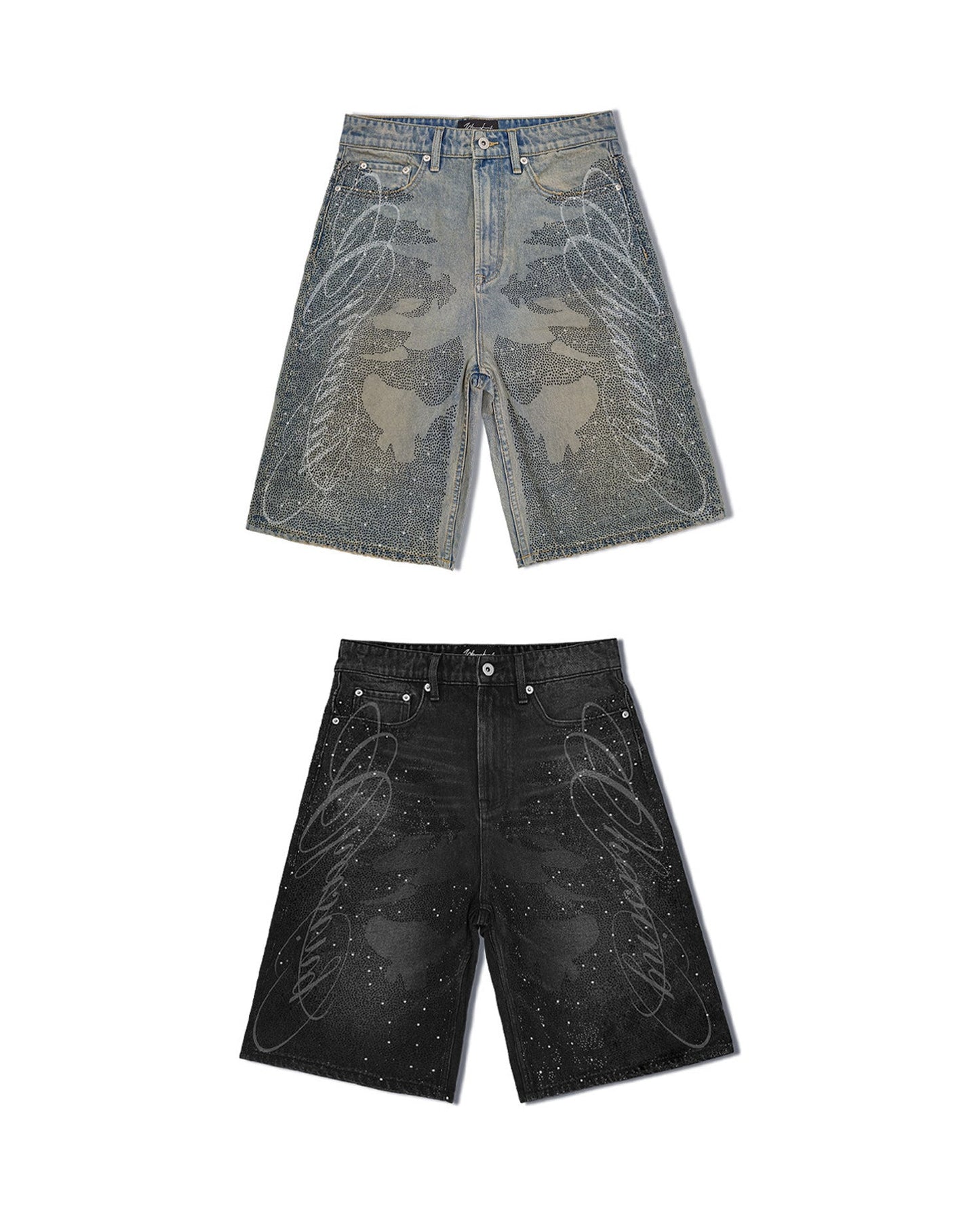 RHINESTONE LETTERING DENIM SHORTS