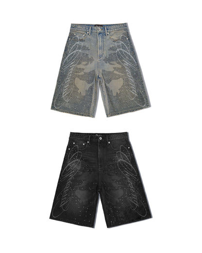 RHINESTONE LETTERING DENIM SHORTS