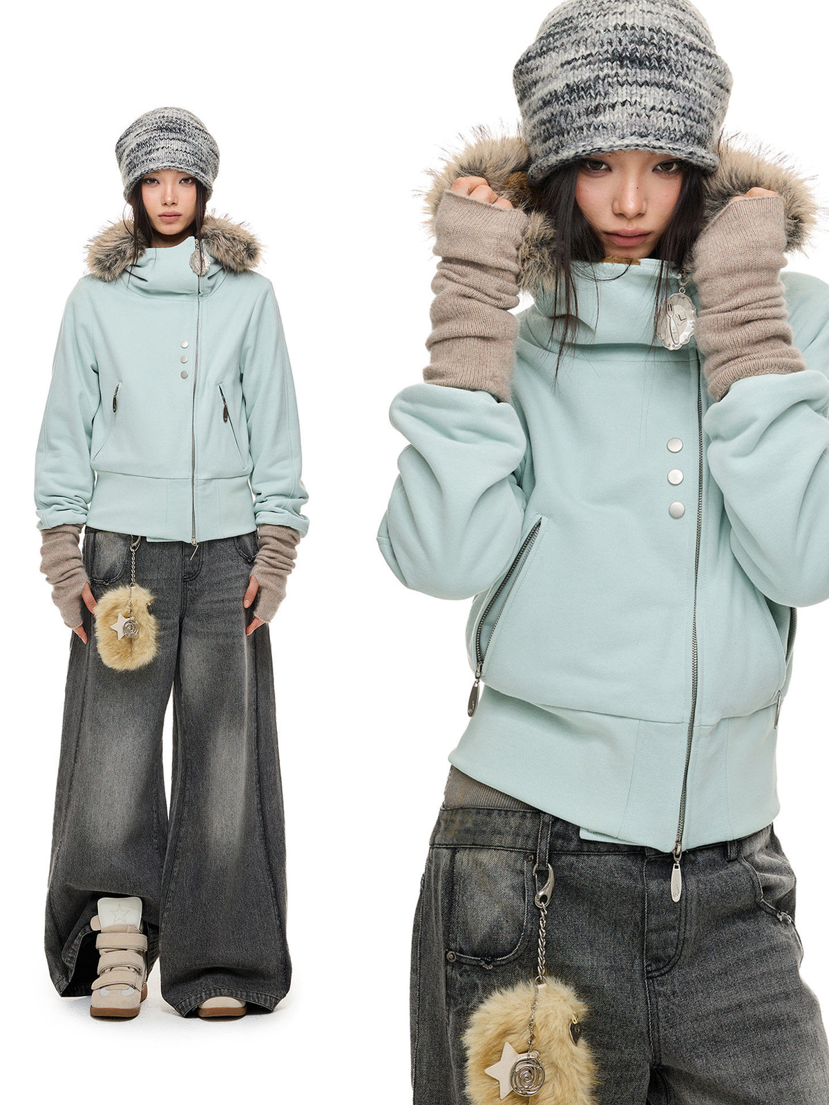 HEAVY FLEECE FUR COLLAR HOODIE