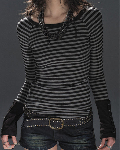 BUTTON CUFF STRIPED RAGLAN TOP