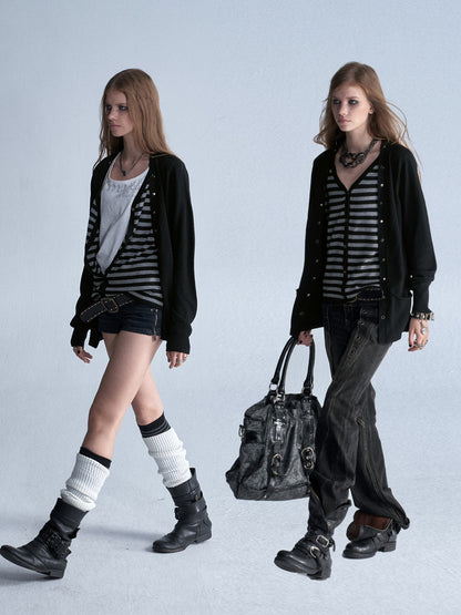 STUDDED STRIPE PUNK KNIT CARDIGAN