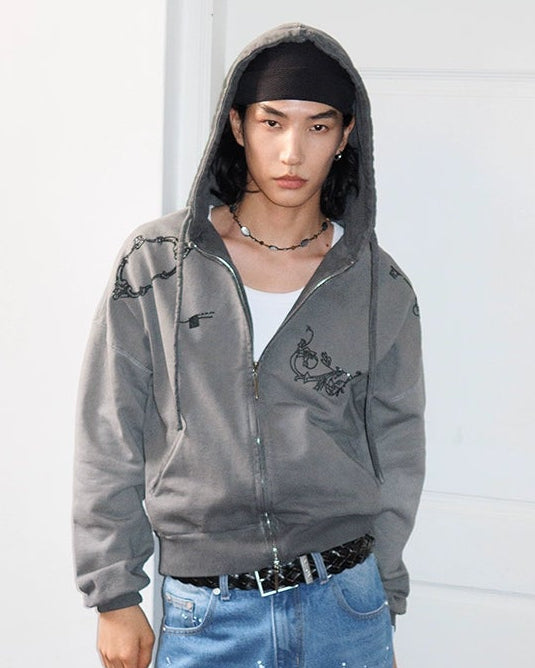 WASHED STUDDED DOUBLE ZIP HOODIE