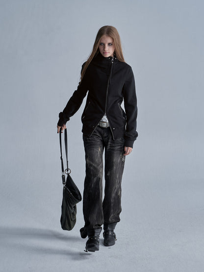ASYMMETRIC ZIP STAND COLLAR JACKET