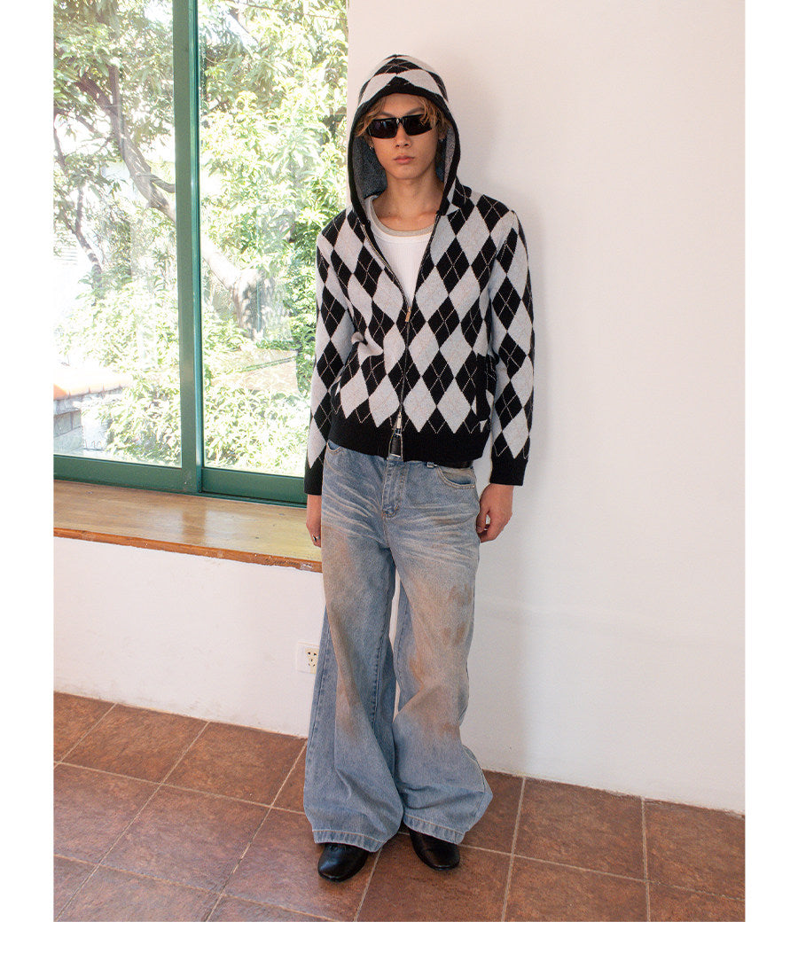 DIAMOND DOUBLE ZIP HOODED KNIT COAT