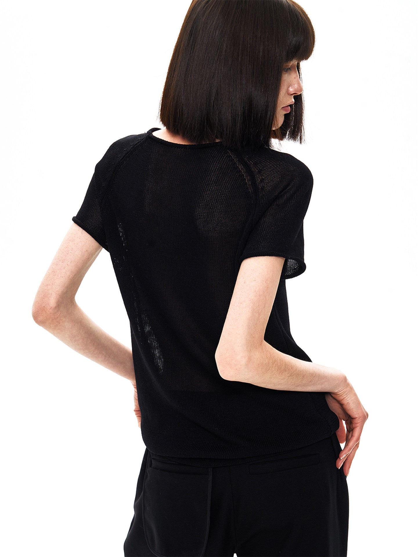 BLACK LINEN ROLLED EDGE TEE