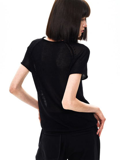 BLACK LINEN ROLLED EDGE TEE